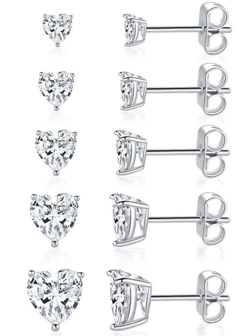 5-Pair Heart-Cut AAAAA Cubic Zirconia S925 Silver Stud Earrings Set (3mm–7mm)